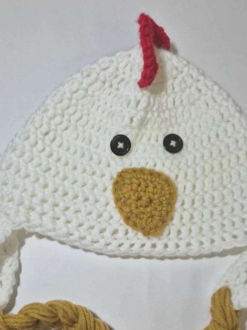 Handmade White Chicken Crochet Hat with Yellow Beak and Red Crest